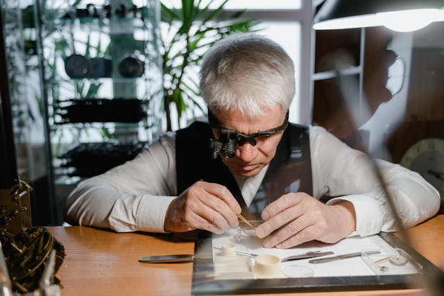 elderly man wearing a magnifying glass repairing an item