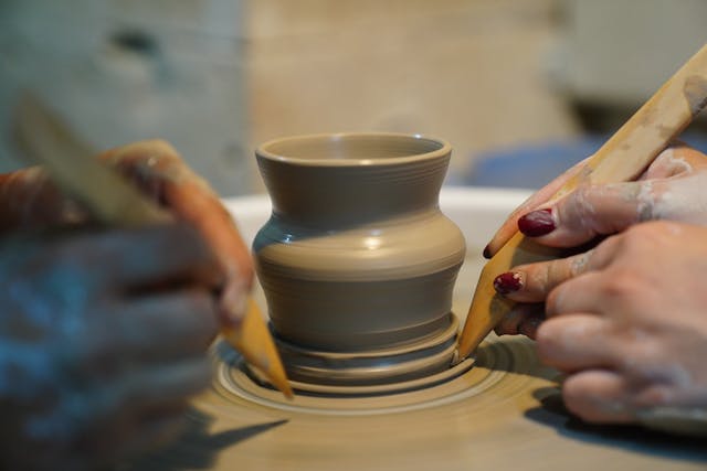 Pottery Crafting Close-Up on Spinning Wheel