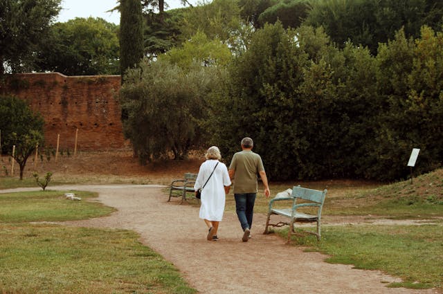 Backview of Elderly Couple walking on a Park