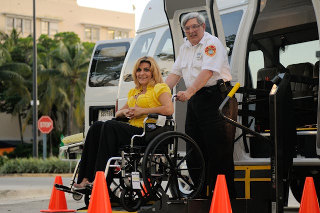 A transport service assisting a person in a wheelchair