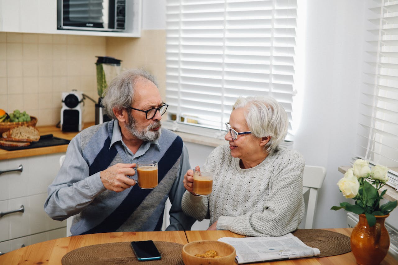 senior couple enjoying protein drinks